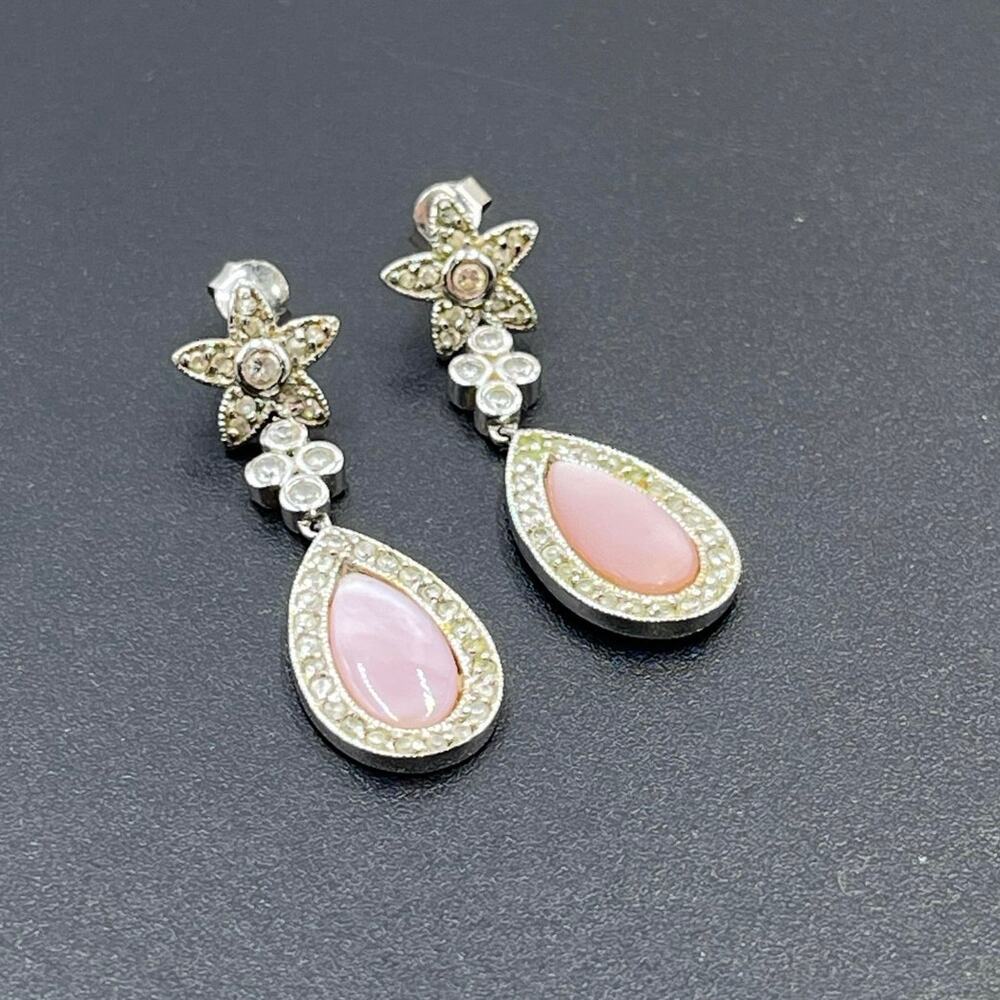 NF China Pink Mother Of Pearl CZ Sterling Silver 925 Dangle Drop Earrings